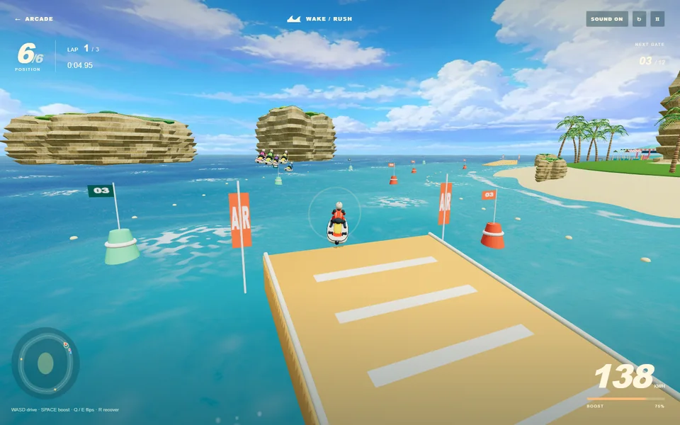 A jet ski racing across the water in Wake Rush