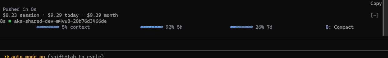 The band above the prompt: a spend row, a k8s row with one green context, and a row of usage meters showing 5% context, 92% of the 5-hour window and 26% of the 7-day window, with a Compact button.