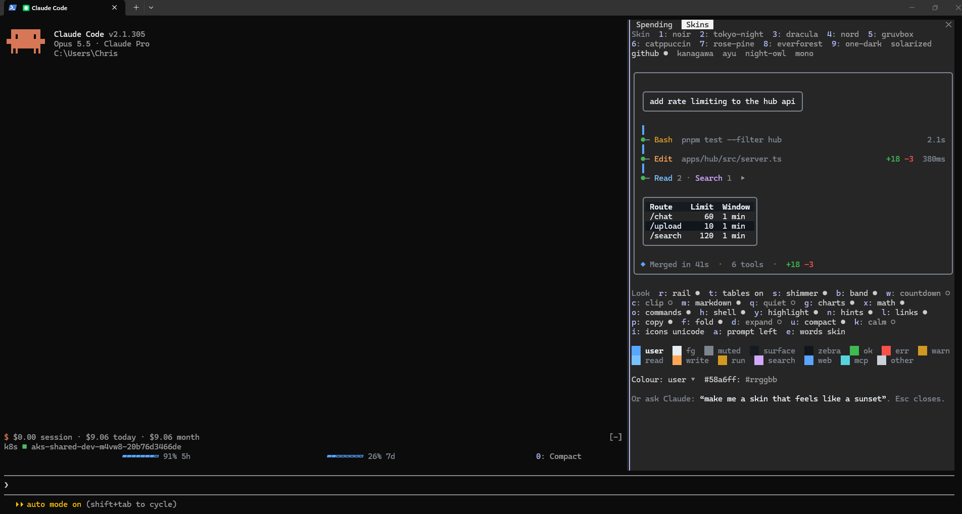 The docked sidebar with two tabs, Spending and Skins. The Skins tab lists fifteen themes with number keys, a preview card of a coding turn with tool rows, a diff count and a rate-limit table, then toggles for rail, tables, charts and the rest, and a colour palette.