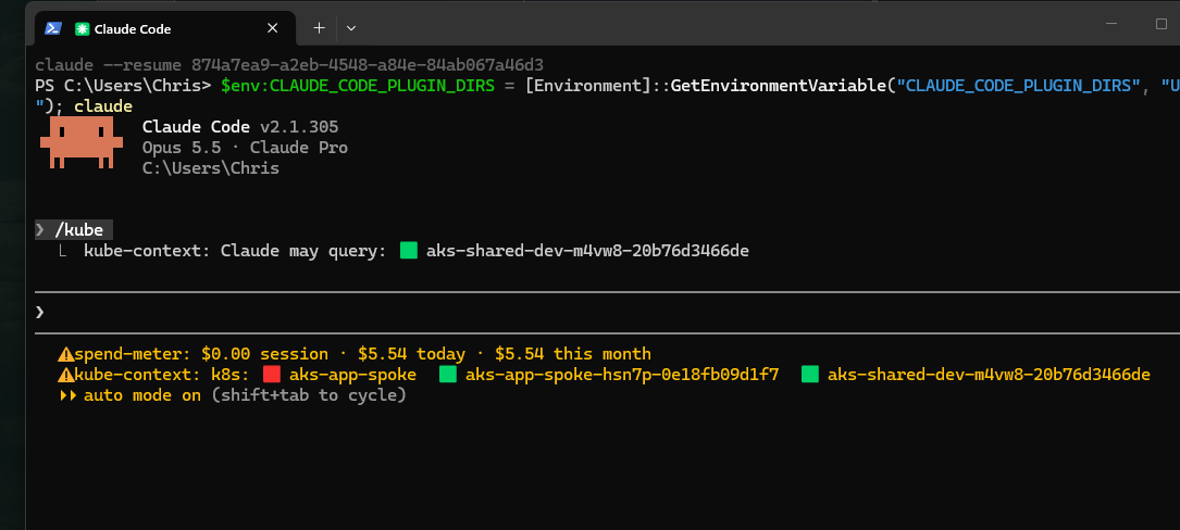 The first version: two status lines under the prompt, each starting with a clipped warning sign. The kube-context line has grown long because it lists every selected context by name.