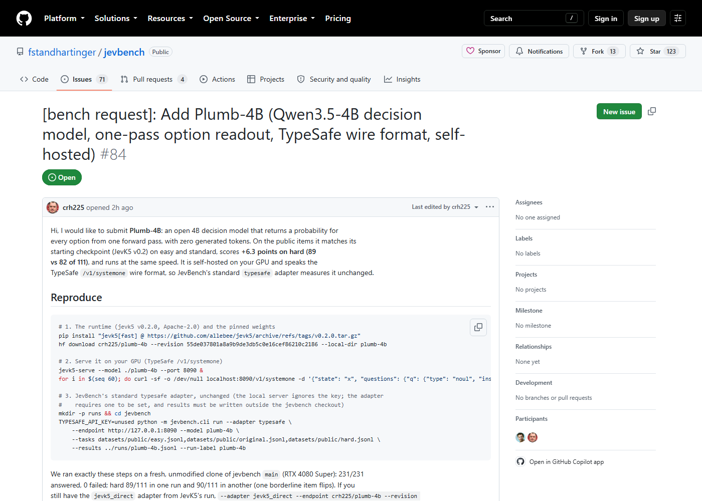 JevBench issue #84, the Plumb-4B submission, opening with the validated reproduce commands